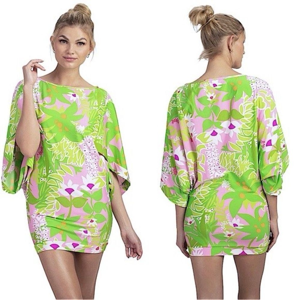 Trina Turk La Palma Green Floral Print‎ Tunic Swim Coverup Mini Dress Size Small